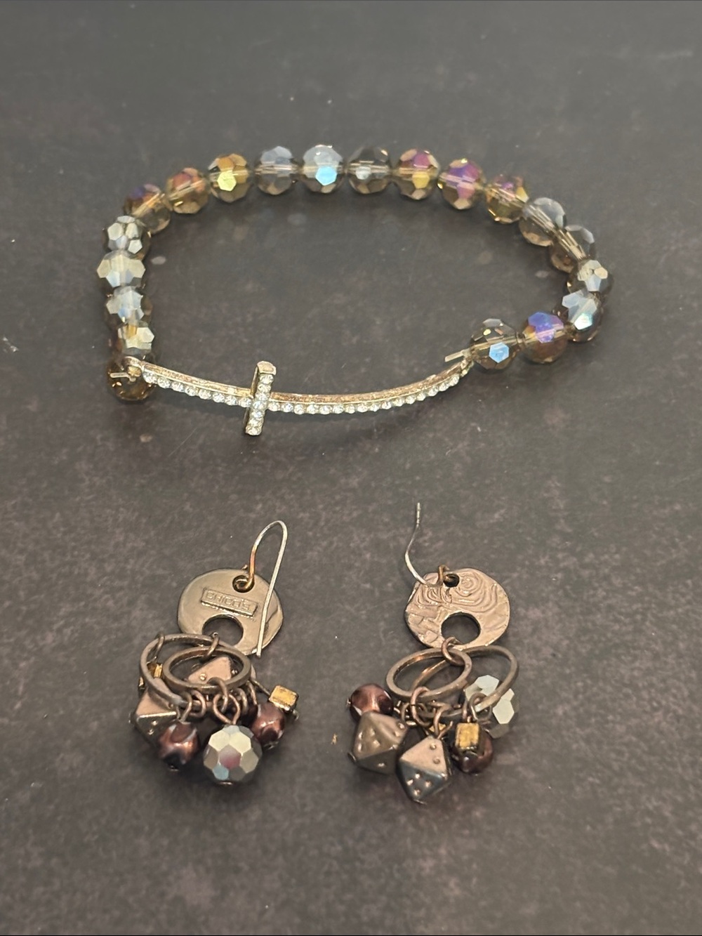 Cluster Dangle Earrings & Rhinestone Cross Bracelet Set
